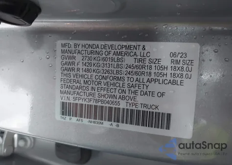 2023 Honda Ridgeline Rtl-E z USA, uszkodzony, nr VIN 5FPYK3F78PB040655